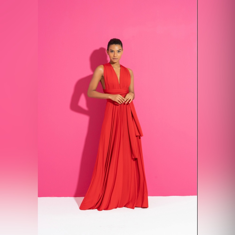 V NECK SLEEVELESS RED PLEATED LONG DRESS multi wear